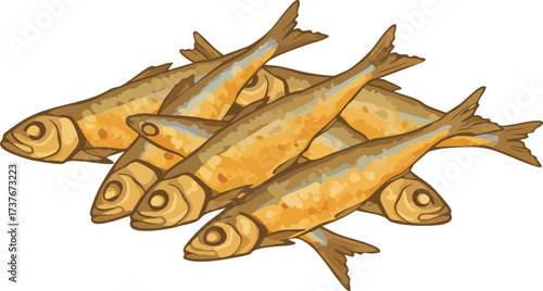 A pile of small, golden-brown, cooked fish, likely sardines or anchovies, arranged in a heap.