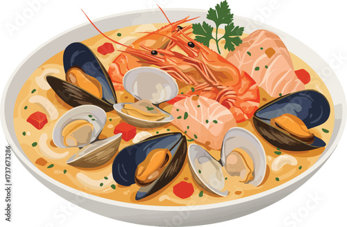 A vibrant and appetizing seafood stew, featuring mussels, shrimp, and salmon.