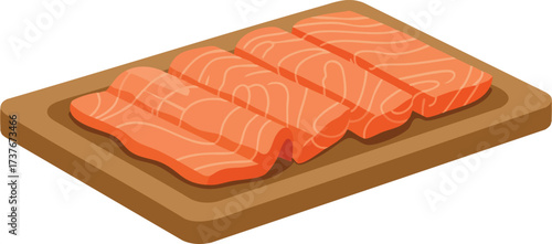 A vector illustration of four fresh raw salmon fillets arranged on a wooden cutting board, isolated on a white background.
