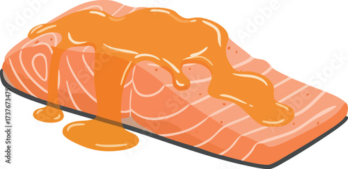 A delicious illustration of a salmon fillet generously drizzled with a vibrant orange sauce, presented on a dark surface.
