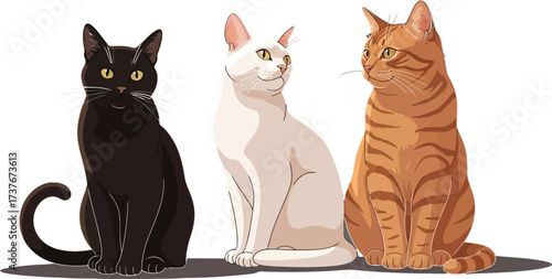 Three cats sitting together with black white and orange fur in vector illustration