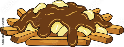 PrintVector illustration of a delicious serving of Canadian poutine with french fries, cheese curds, gravy, and bacon strips on top.