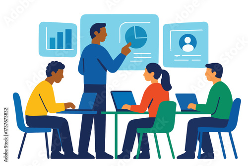 An illustration of a diverse team in a business meeting or training session with a presenter showing data charts.