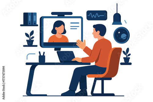 A man sitting at a desk engaged in a video conference call with a woman on a large monitor.