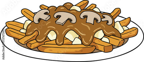 Illustration of a classic Canadian dish, poutine, topped with gravy, cheese curds, and sliced mushrooms.