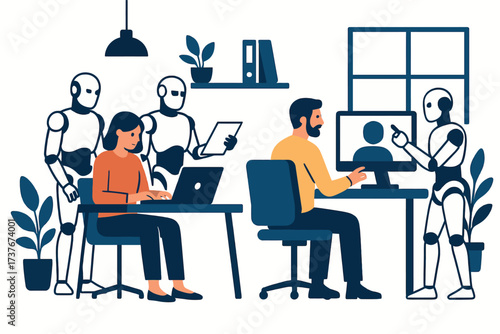 Humans and robots working together in a modern office, illustrating future collaboration and automation.