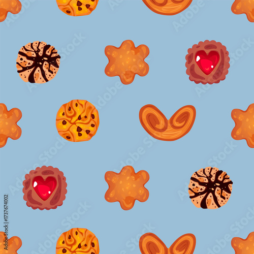Bakery and Confectionery Seamless Pattern with Cookies on a blue background. Vector Illustration.