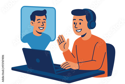 An illustration of a man wearing headphones having a friendly video call on a laptop.