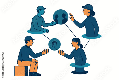 Conceptual illustration of people communicating and building a community network.