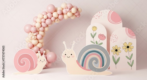 Delightful snail themed decorations and balloon arch for childrens parties