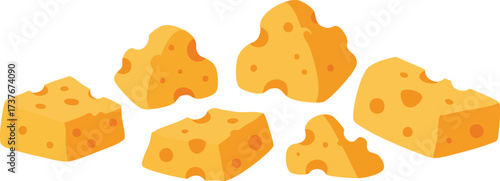 A collection of cartoon-style cheese pieces with holes, isolated on a white background.