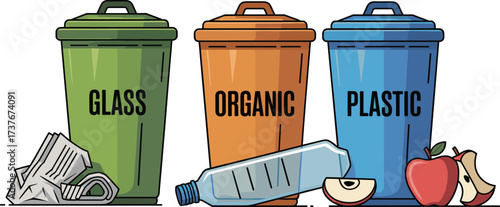 Recycling Bins for Glass, Organic, and Plastic Waste with Trash Icons – Eco-Friendly Waste Segregation Concept for Sustainability