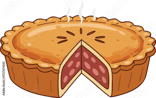 A cartoon illustration of a freshly baked, steaming hot pie with a golden-brown crust and a slice removed to show the red fruit filling.