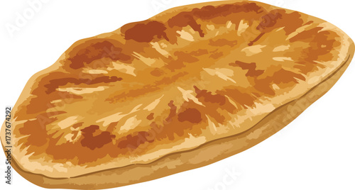 A close-up illustration of a golden-brown, slightly puffed, oval-shaped flatbread with a textured, bubbly surface.