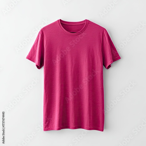 A vibrant hot pink, short-sleeved crew-neck t-shirt is presented against a plain white backdrop.  The t-shirt appears soft and slightly textured
