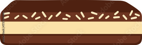 A vector illustration of a chocolate sandwich cookie with a cream filling and sprinkles on top.