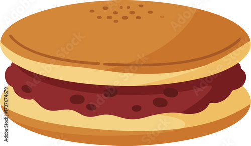 Illustration of a delicious dorayaki, a traditional Japanese confection, with red bean filling.