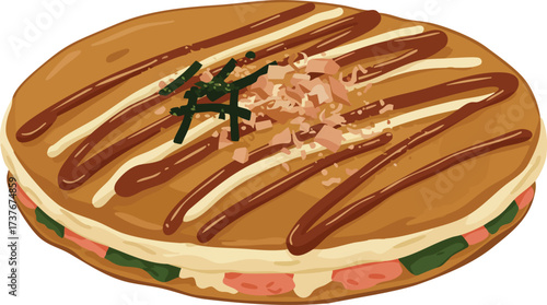 Illustration of okonomiyaki, a Japanese savory pancake dish, topped with sauce and seaweed.