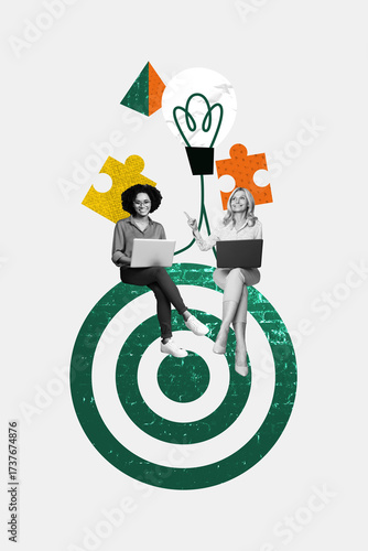 Trend banner artwork 3d photo collage of two happy girls freelancer business partners surf laptop target development light bulb
