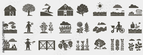 Farm Life Seamless Pattern Agriculture Farming Elements Illustration Depicting Rural Scenes with Barns and Crops