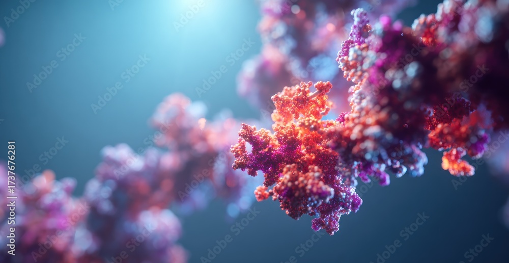 Fototapeta premium Highly detailed, colorful, and complex molecular structure against a blurred blue backdrop