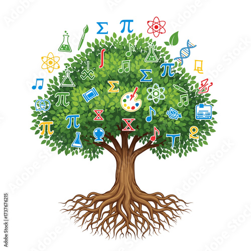 Inspiring learning concept with colorful science, technology, engineering, arts, and mathematics icons blossoming from a vibrant tree for educational growth