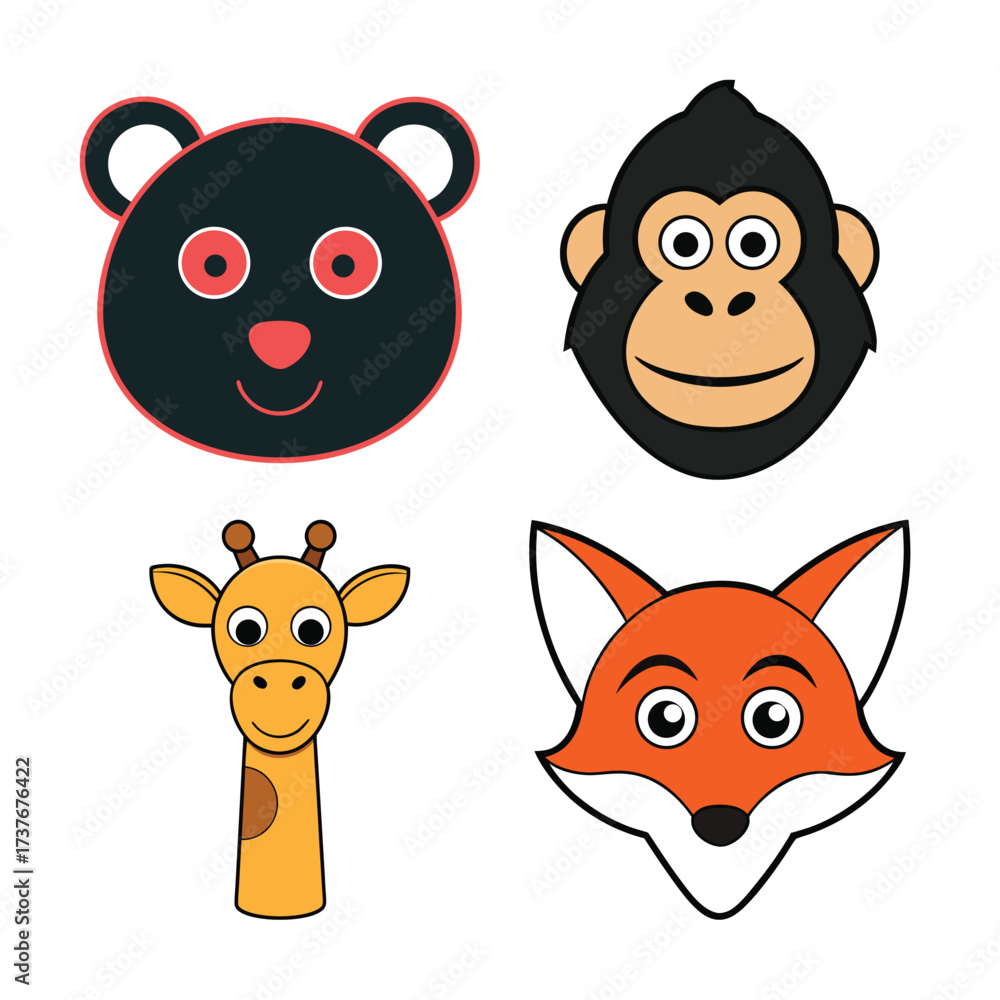Fototapeta premium Cute Cartoon Animal Faces. Funny Vector Animal Heads. 