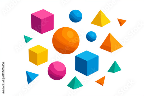 Colorful three dimensional geometric shapes in an abstract arrangement on white background