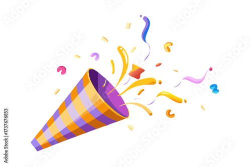 Party popper exploding with colorful confetti and streamers