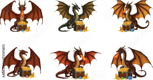Fantasy dragon, treasure hoard, gold coins, fire-breathing creature, winged beast, mythical illustration, glowing chest, gem pile