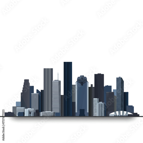 A realistic abstract vector illustration of the iconic Houston skyline stands prominently against a crisp plain white background, showcasing modern architecture.