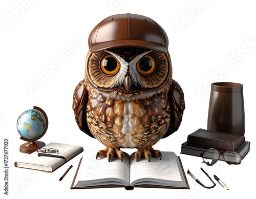  Wisdom Owl Graduation Emoji with Modern Desk Elements PNG