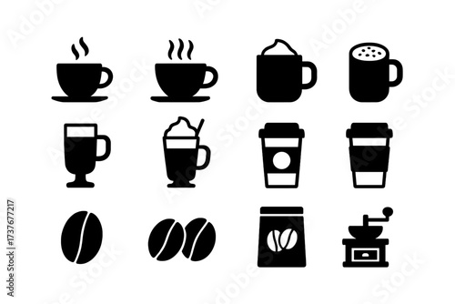Set of various coffee icons featuring cups, beans, and a grinder for beverage themes