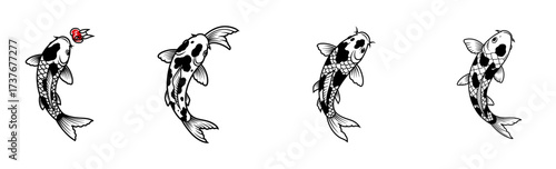 Four sequential illustrations of a black and white koi fish swimming and eating a small red object.
