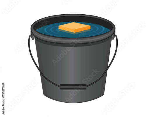 vector design of a bucket made of plastic filled with water. A yellow sponge is seen floating on the top of the water in the black bucket.