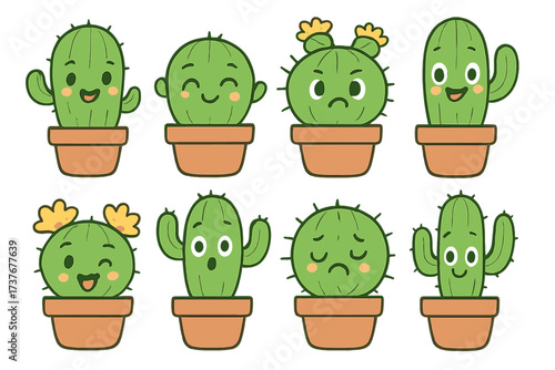 Collection of cute potted cactus characters displaying various emotional expressions