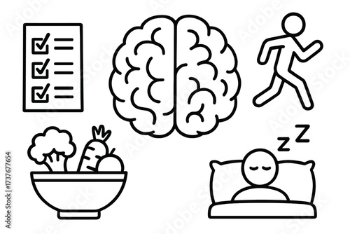 Wellness and healthy habits icons including mind, body, food, and rest