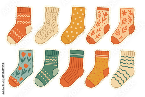 Collection of cozy patterned socks with various designs for autumn and winter fashion