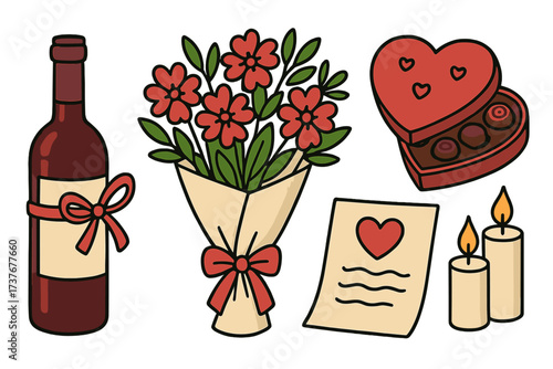 Romantic date night elements with wine bottle, flower bouquet, chocolates, and candles