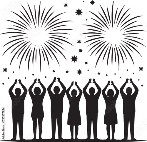 Celebration silhouette people cheering under fireworks for new year's eve and festive events