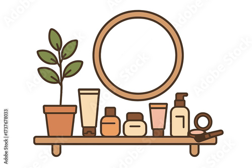 Beauty and personal care products on a wooden shelf with a plant and mirror