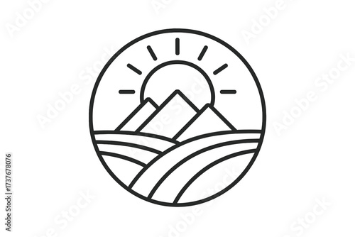 Minimalist mountain landscape with rising sun over rolling hills in a circle