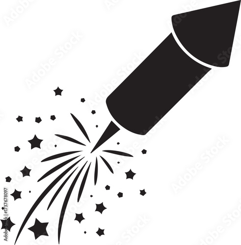 Silhouette of a rocket firework exploding with stars and sparkles celebrating new year