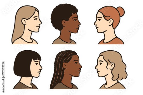 Collection of diverse women profiles showcasing various hairstyles and skin tones