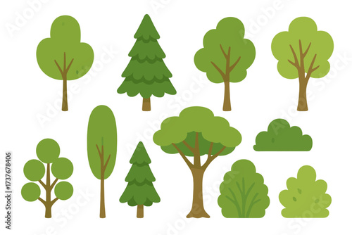 Collection of stylized green trees and bushes for nature and landscape designs