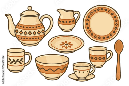 Handcrafted ceramic kitchenware collection featuring traditional decorative patterns