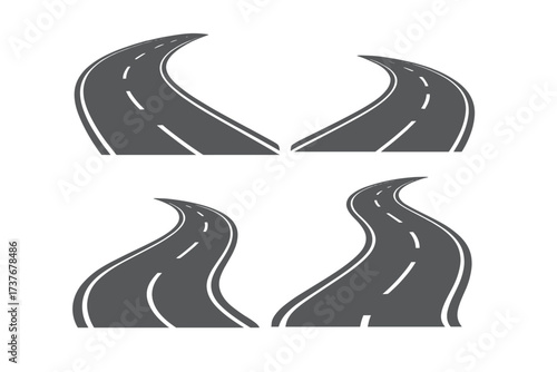 Set of winding road segments with dashed white lines for transportation and travel