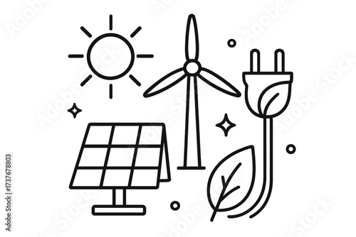 Renewable energy sources with solar panel, wind turbine, and eco-friendly power plug