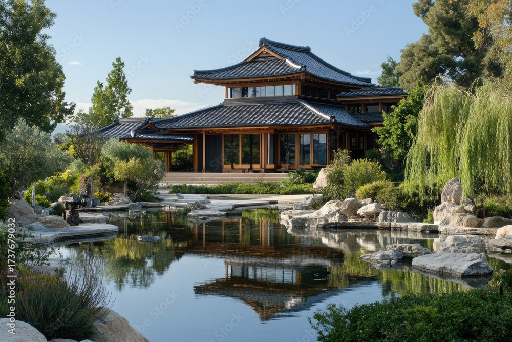 Fototapeta premium Elegant Japanese house with landscaped garden 