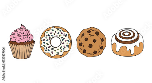 Assortment of Delicious Baked Goods Cupcake Donut Cookie and Cinnamon Roll Illustration